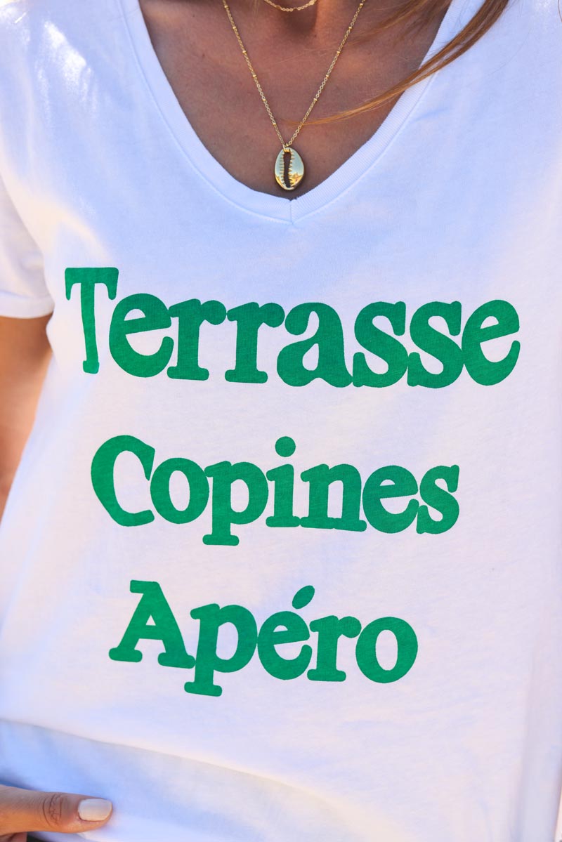 Tshirt blanc col v en coton Terasse Copines Apero vert g203 (1)
