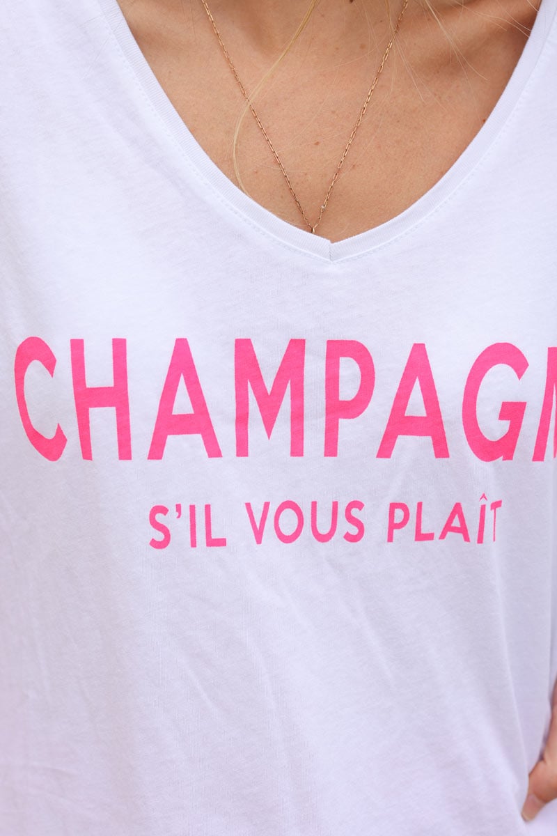 Tshirt blanc col v message champagne s'il vous plait rose fluo e148 (1)