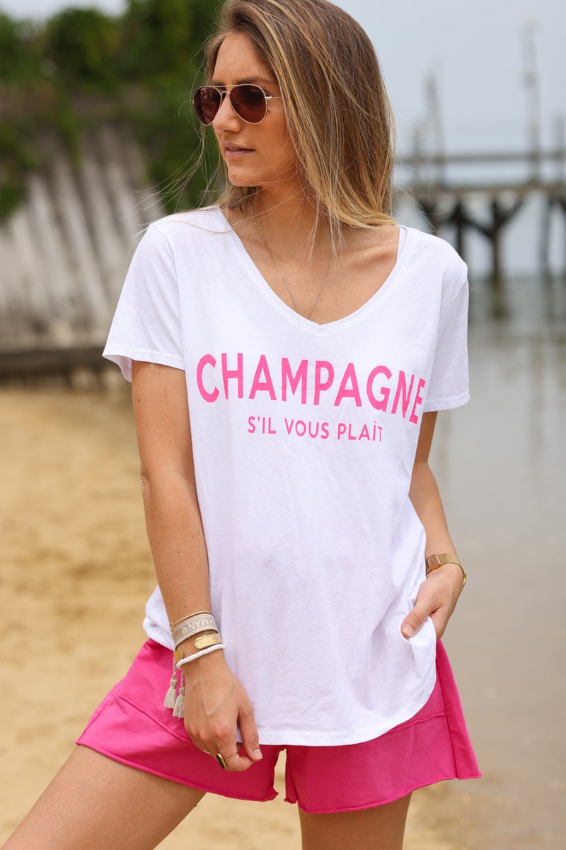 Tshirt blanc col v message champagne s'il vous plait rose fluo e148 (1)