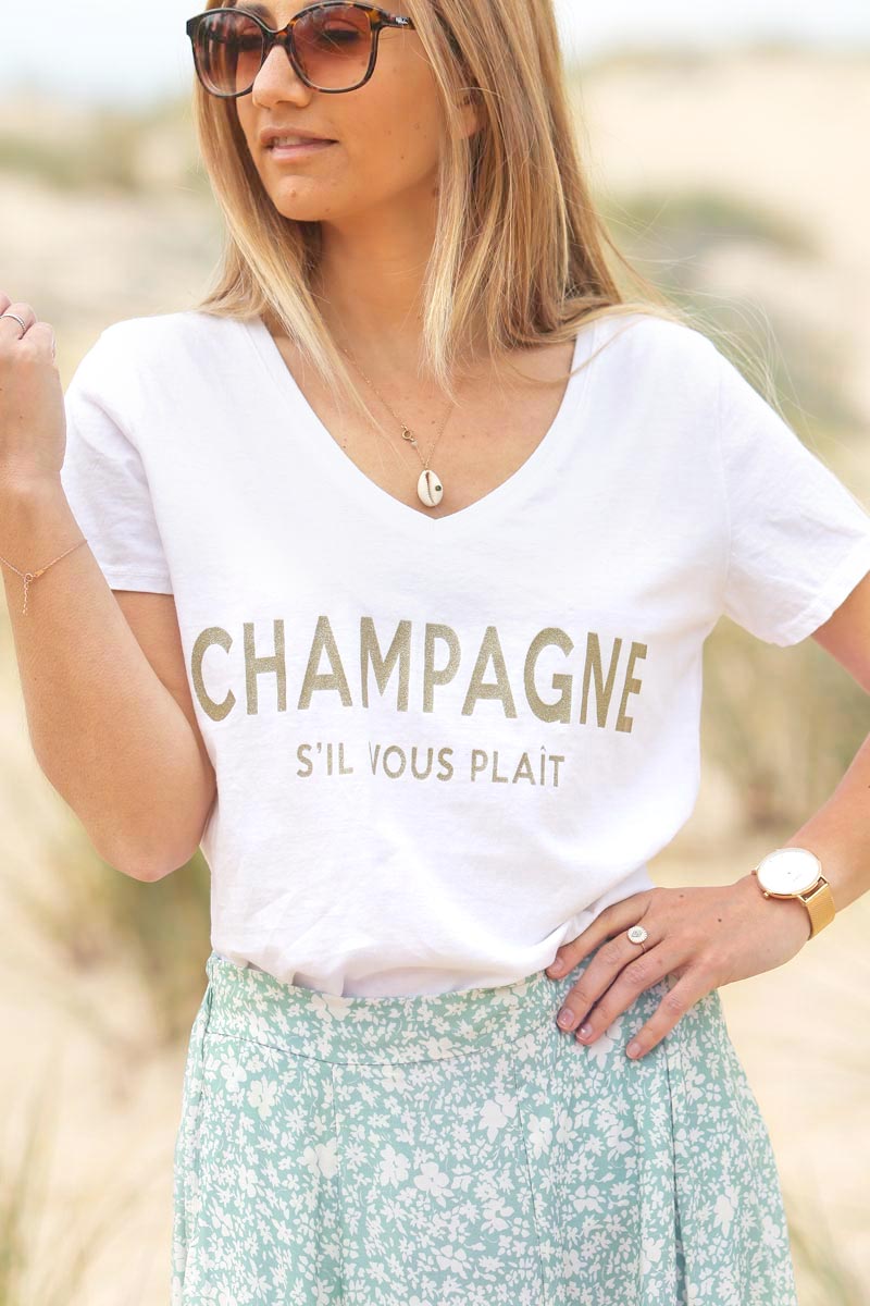 T-shirt blanc col V message champagne s'il vous plait