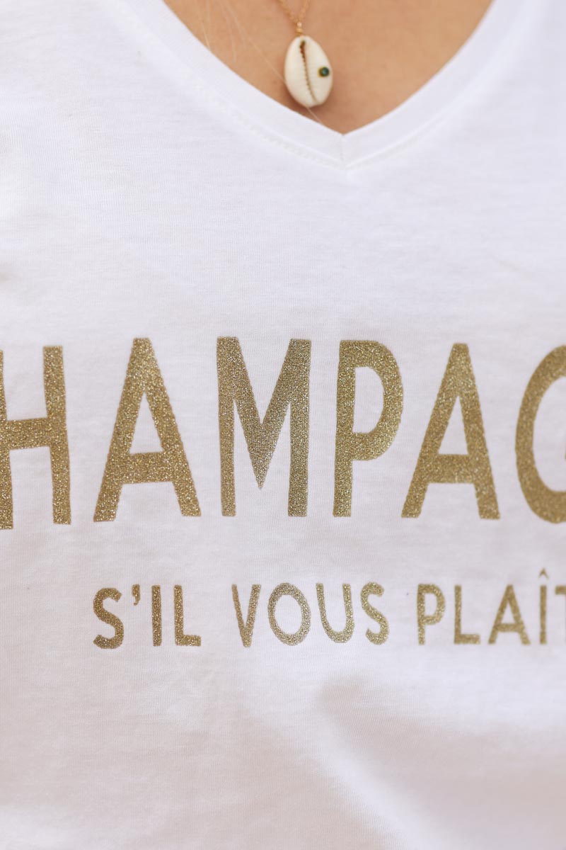 Camiseta blanca cuello pico mensaje champagne por favor