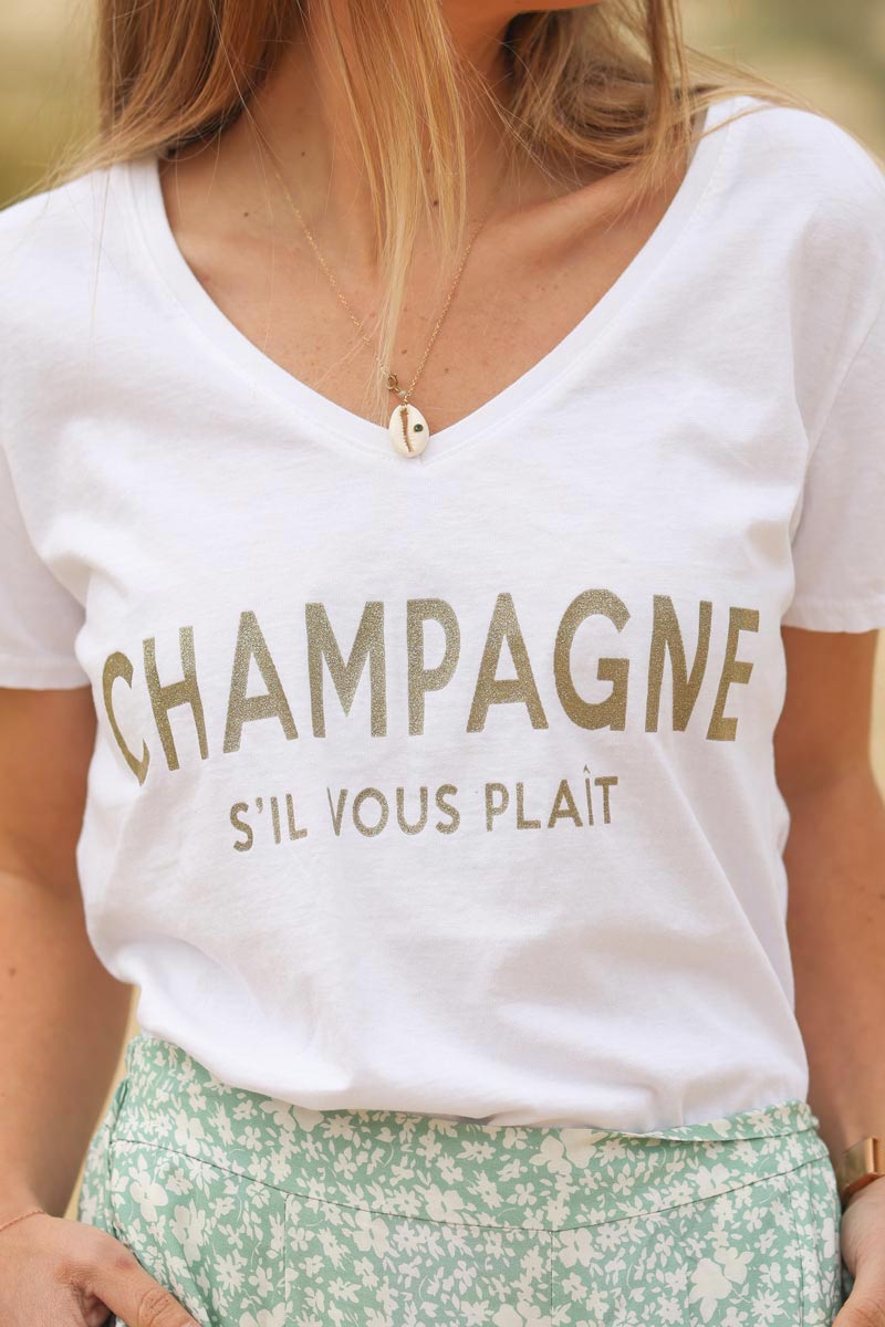 Camiseta blanca cuello pico mensaje champagne por favor