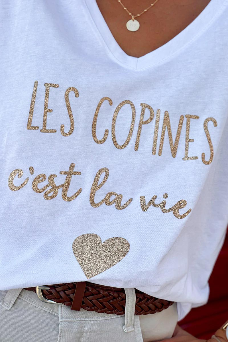 White “Les Copines C’est La Vie!” French V-Neck Tee