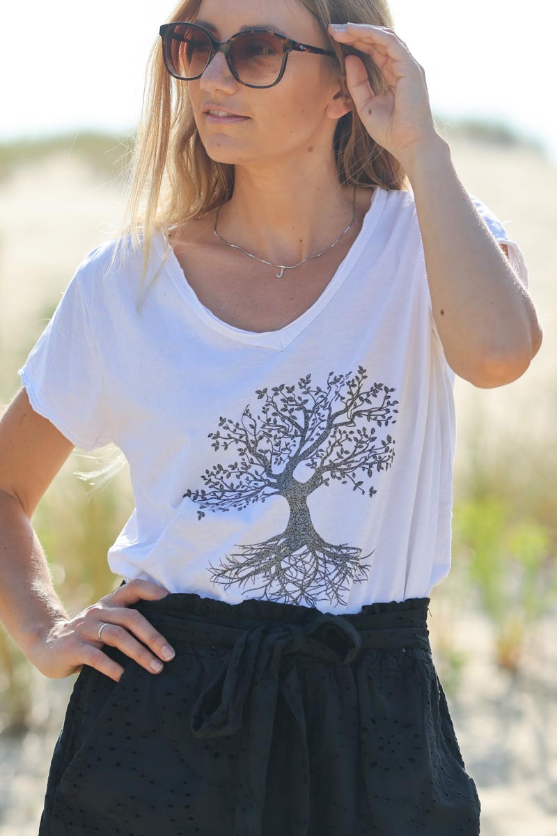 White v-neck t-shirt with a glitter tree of life design