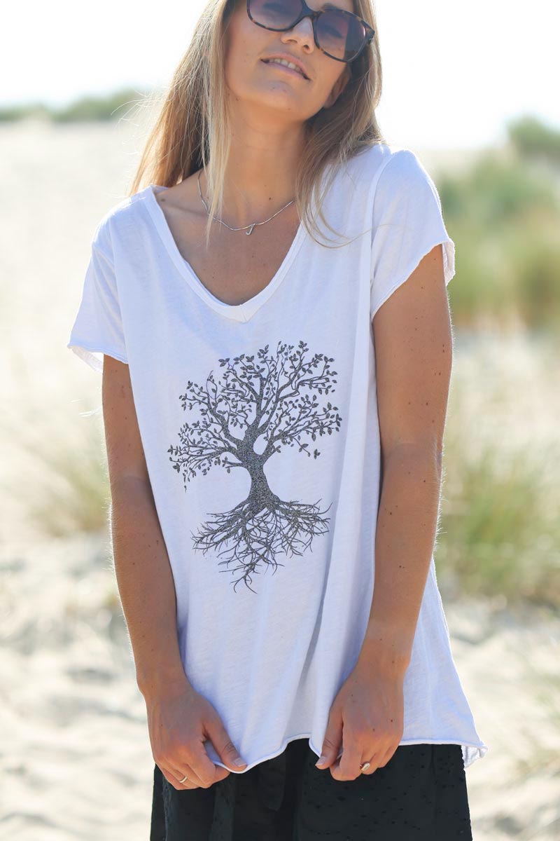 White v-neck t-shirt with a glitter tree of life design