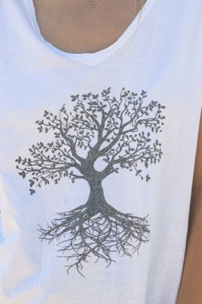 Camiseta blanca de algodón con cuello de pico brillante árbol de la vida
