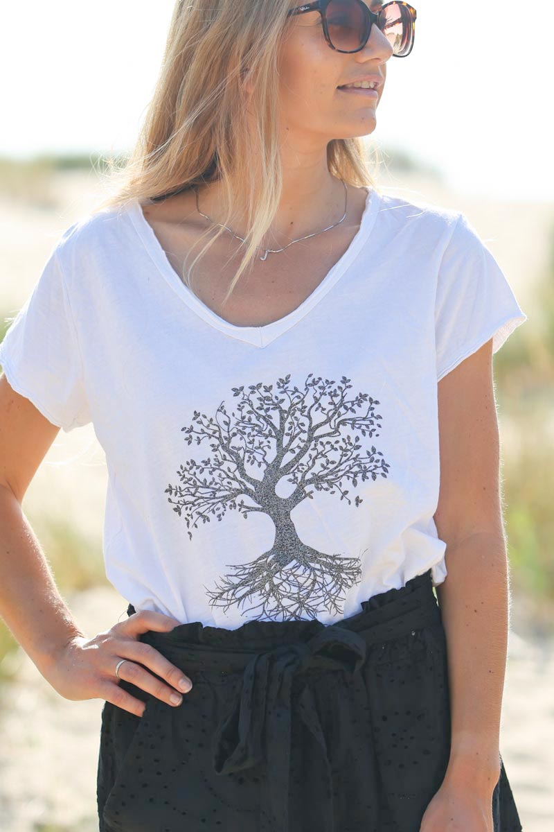 Camiseta blanca de algodón con cuello de pico brillante árbol de la vida