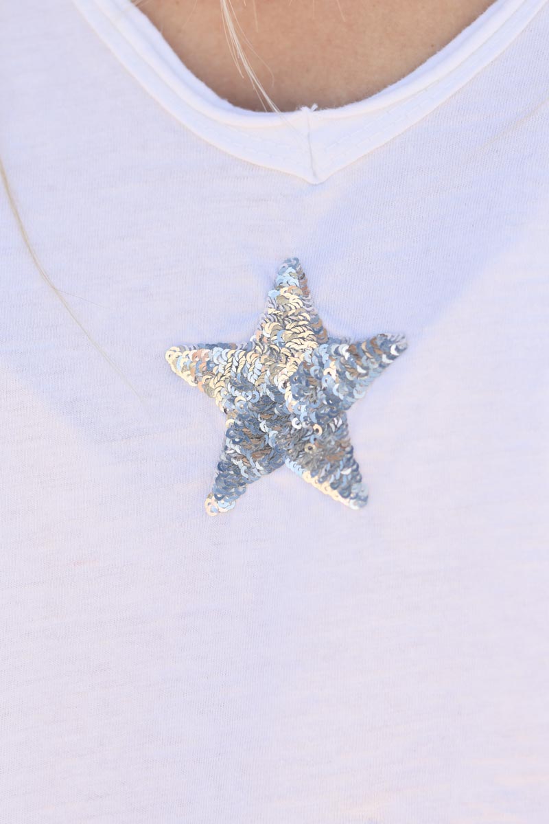 Camiseta algodón estrella lentejuelas blanca