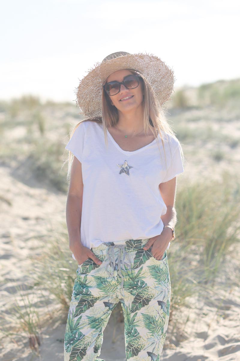 Tshirt blanc en coton étoile sequins