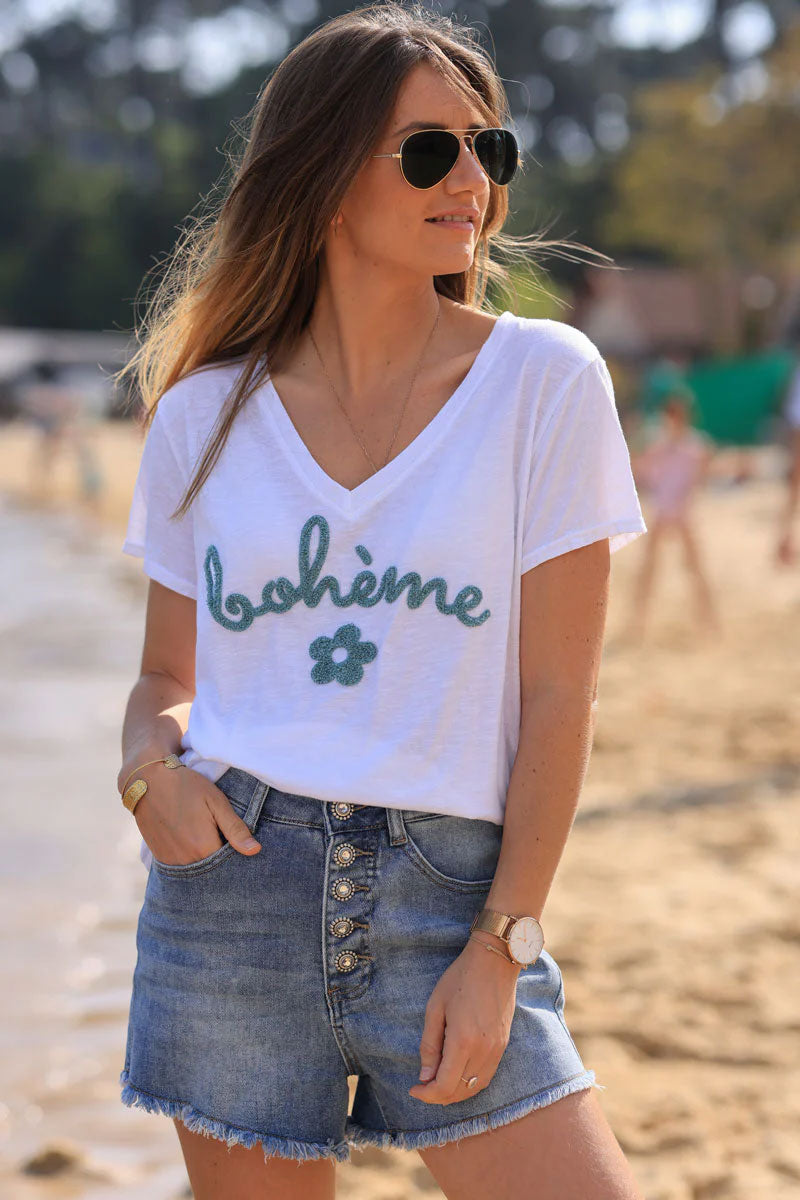White cotton t-shirt with celadon green "Boheme" and flowers