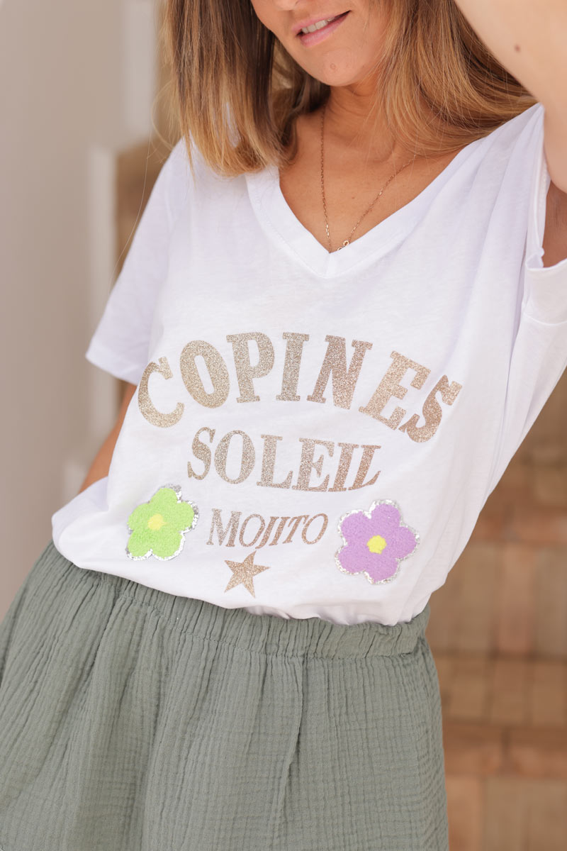 Camiseta algodón blanca Copines Soleil Mojito lentejuelas y flores de colores