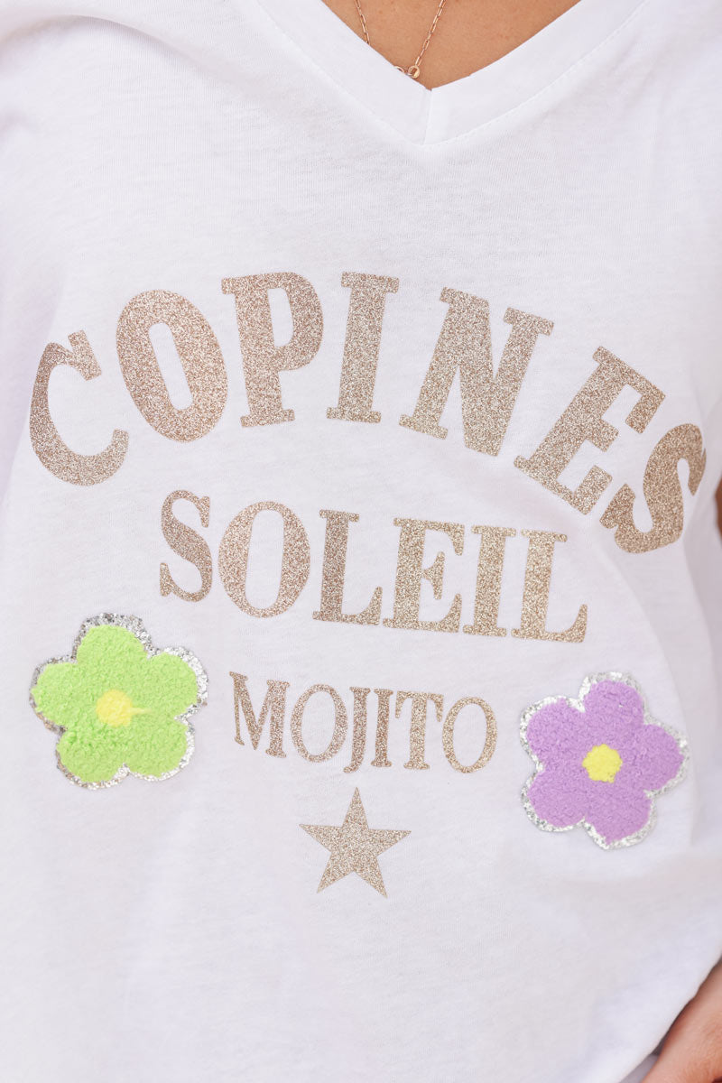 White T-shirt 'Copines Soleil Mojitos' in gold glitter and colourful floral pattern