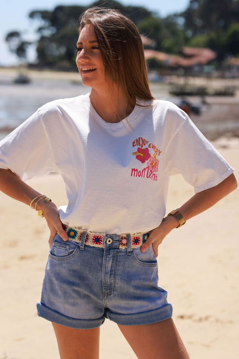 White “Enjoy Every Moment” Hibiscus Tee