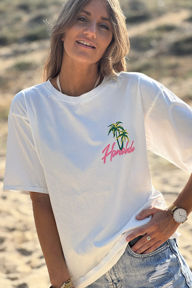 Tshirt blanc en coton Honolulu palmier col rond