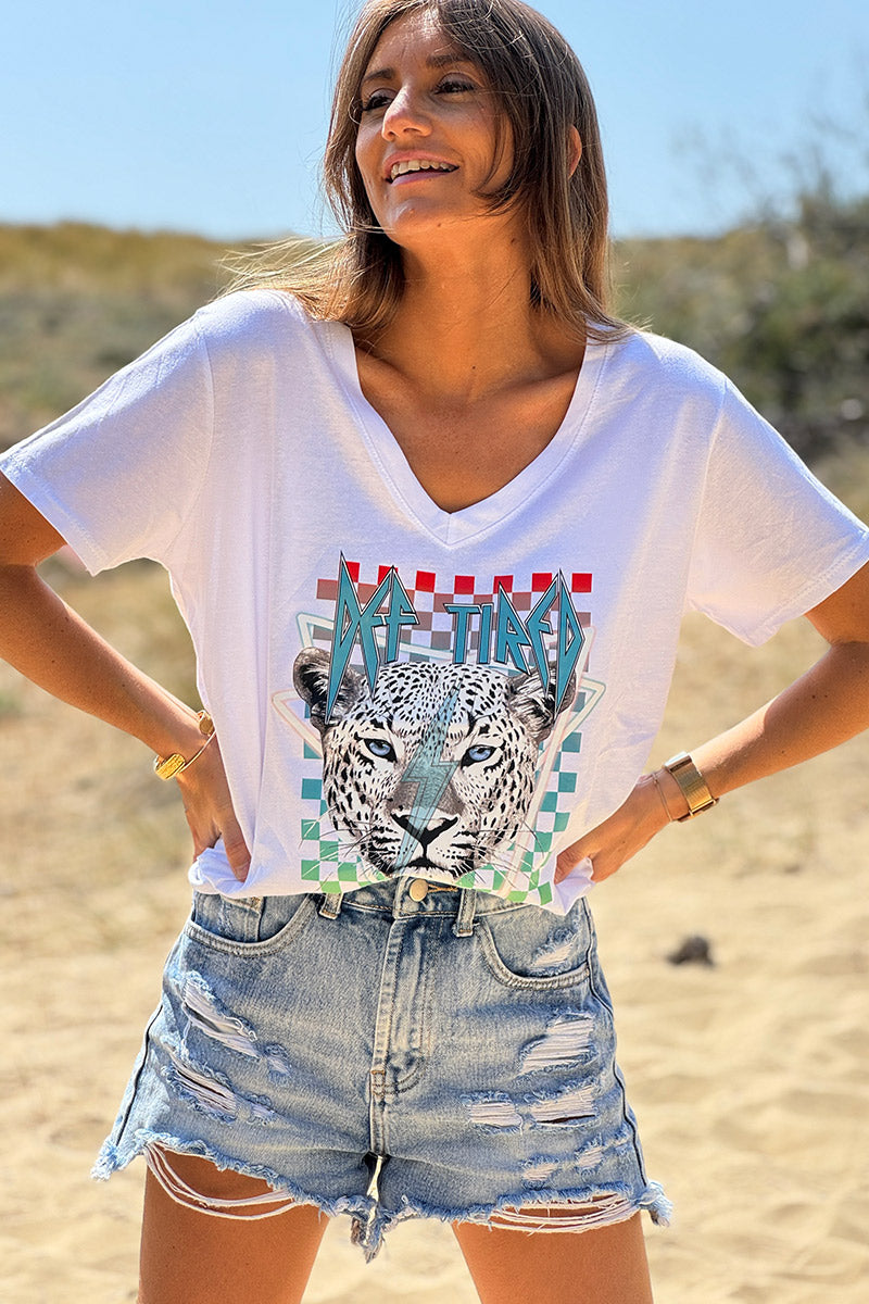 White “Def Tired” Leopard Rock V-Neck Tshirt