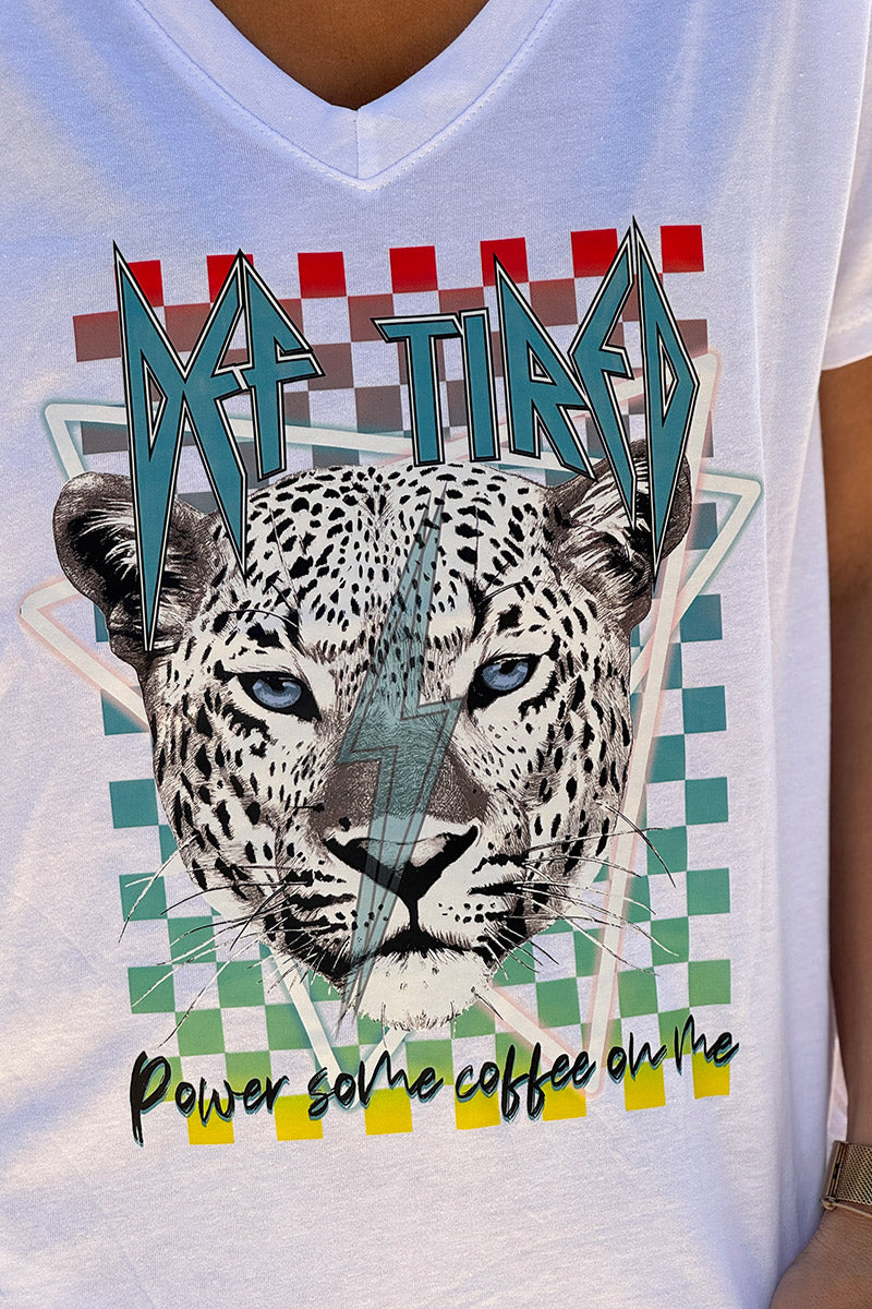 White “Def Tired” Leopard Rock V-Neck Tshirt