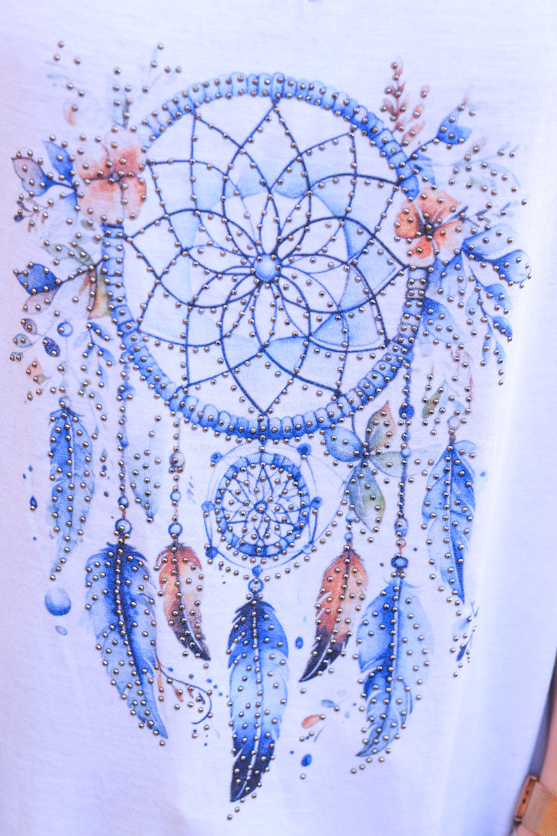 White relaxed fit t-shirt with blue dream catcher and rhinestones