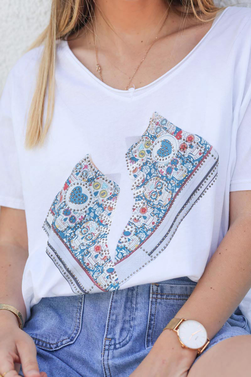 White relaxed fit t-shirt with blue sneakers print and rhinestones