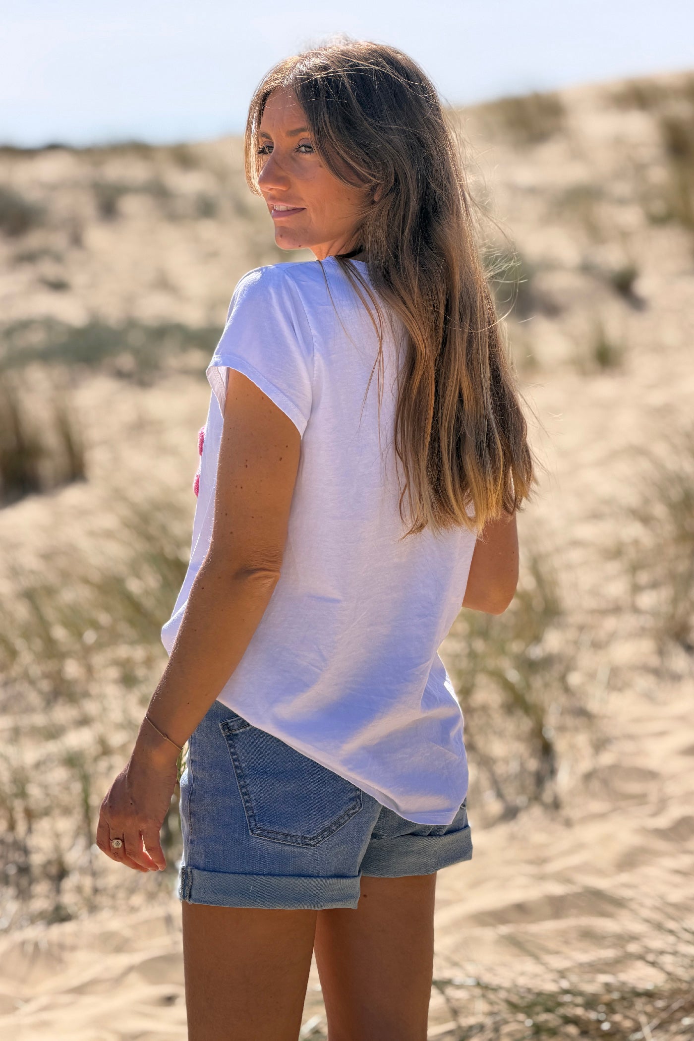 Tshirt blanc en coton broderie Iconic rose en bouclettes éponge