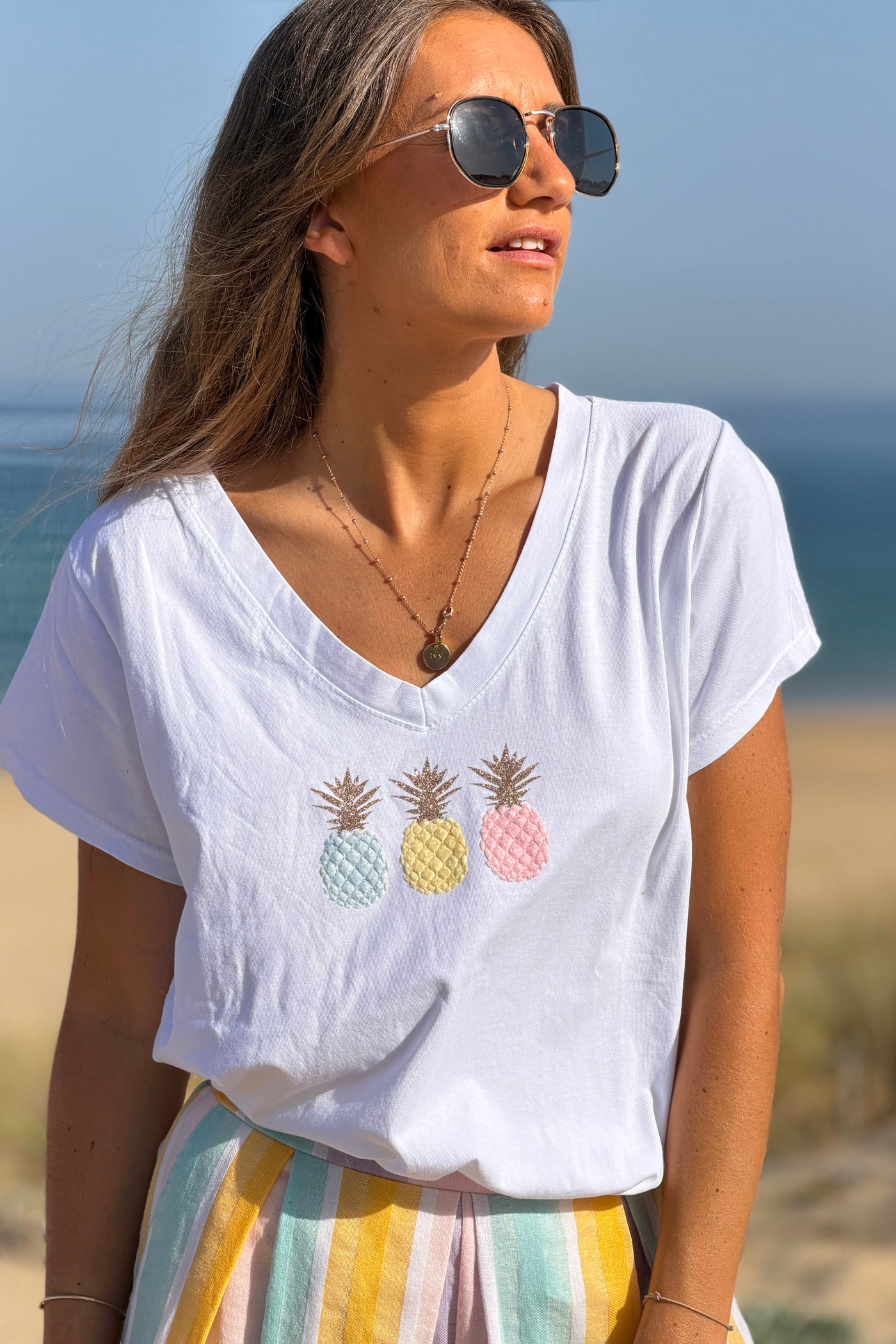 White “Pretty Pineapples” V-Neck Tee
