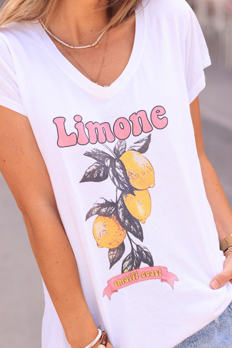 White cotton t-shirt with lemon and pink 'Limone Amalfi Coast'