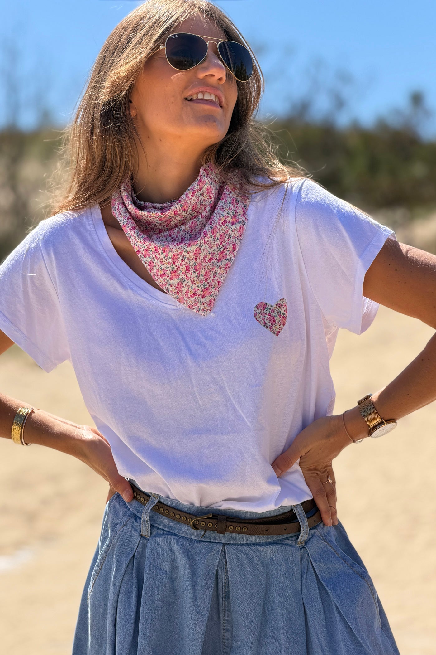 Tshirt blanc en coton coeur liberty rose avec foulard liberty assorti