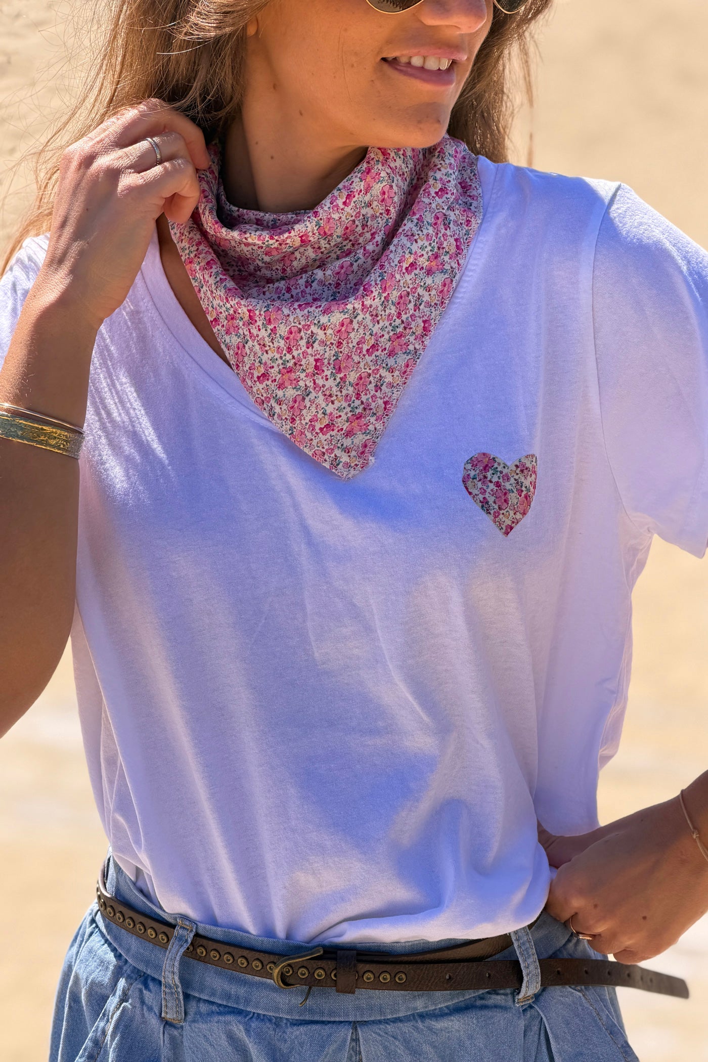 White Calico Heart V-Neck Tee with Scarf