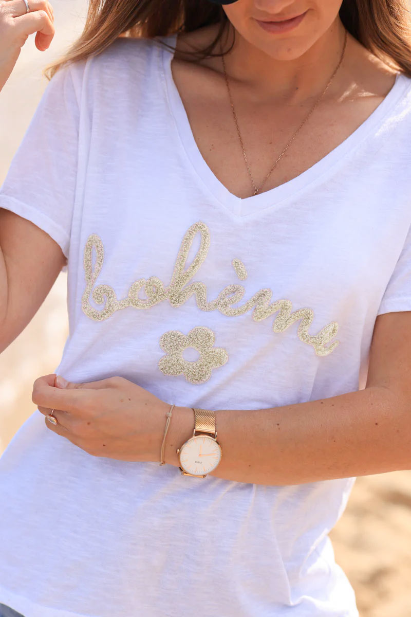 White cotton t-shirt with beige "Boheme" and flowers