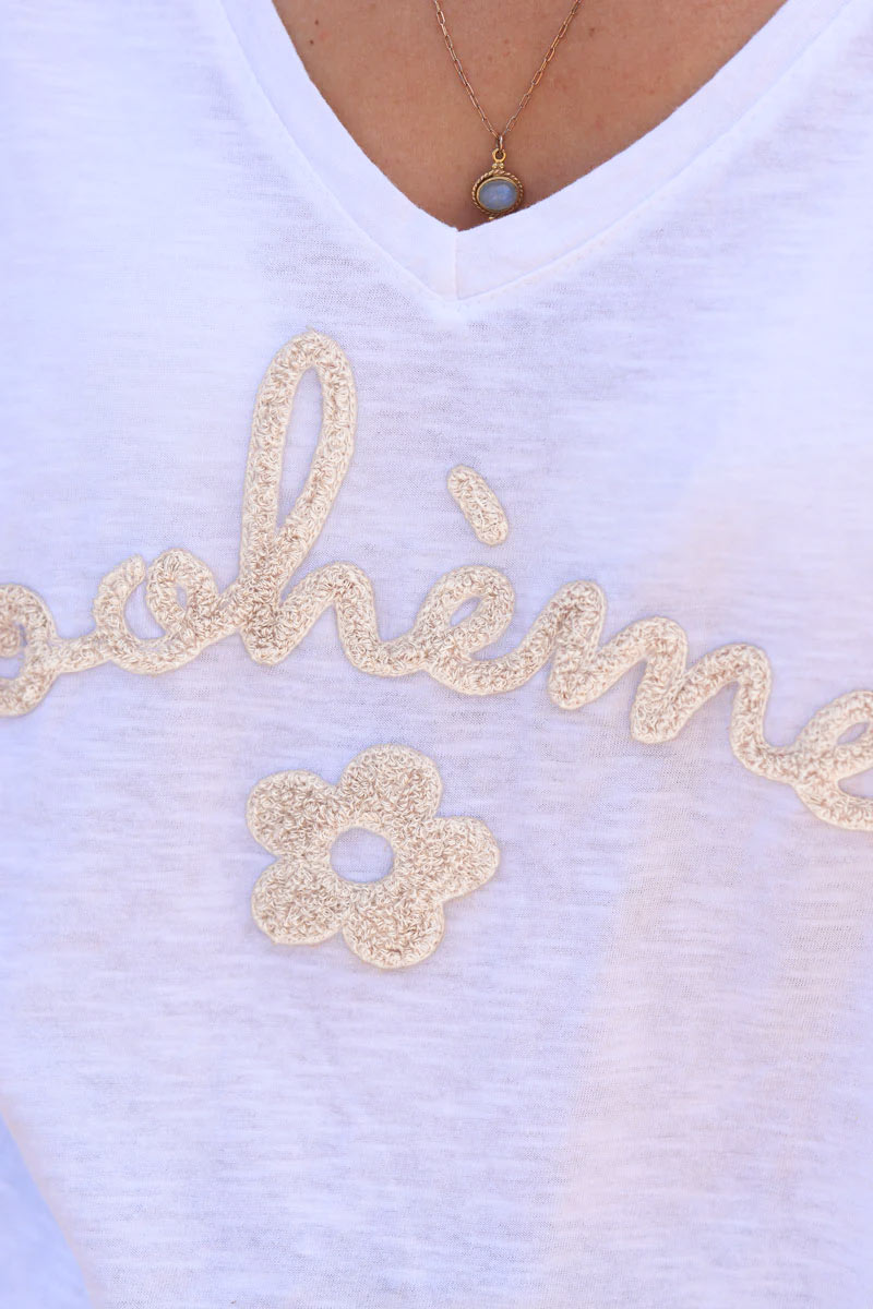 White cotton t-shirt with beige "Boheme" and flowers