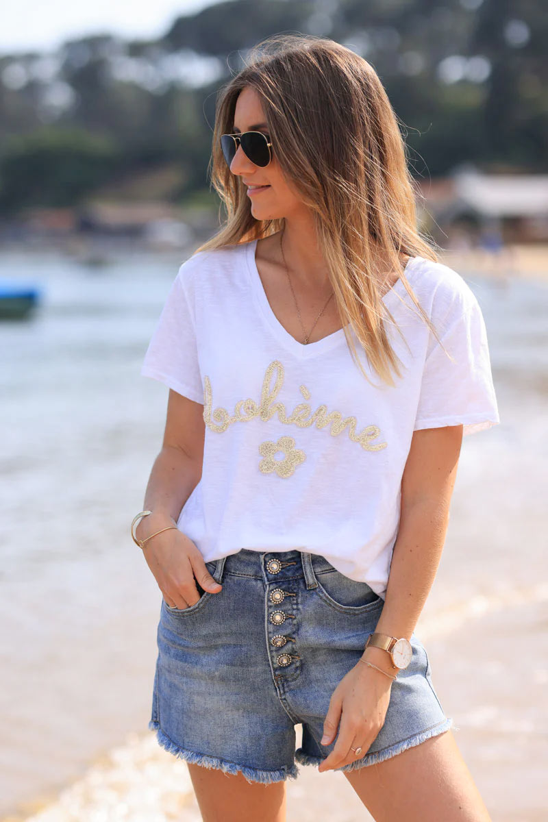 White cotton t-shirt with beige "Boheme" and flowers