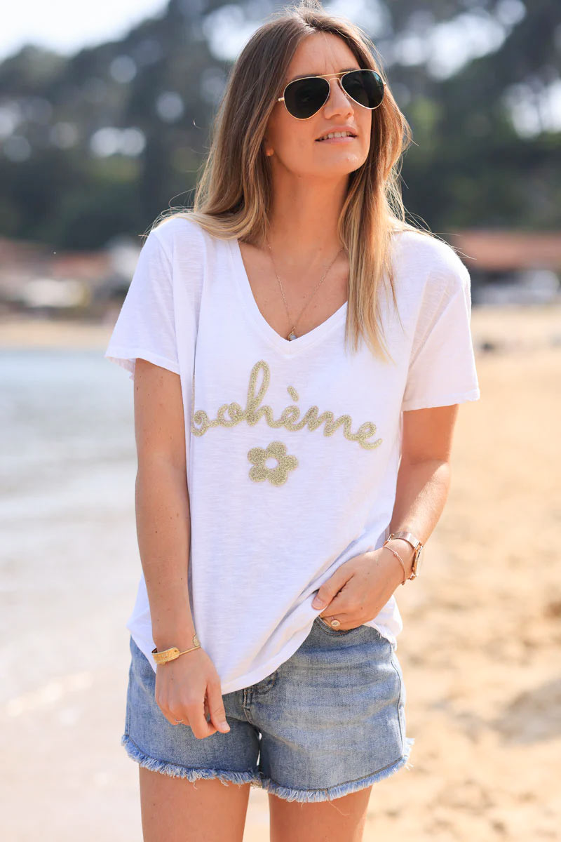 T-shirt blanc en coton col v Bohème et fleurs éponge beige