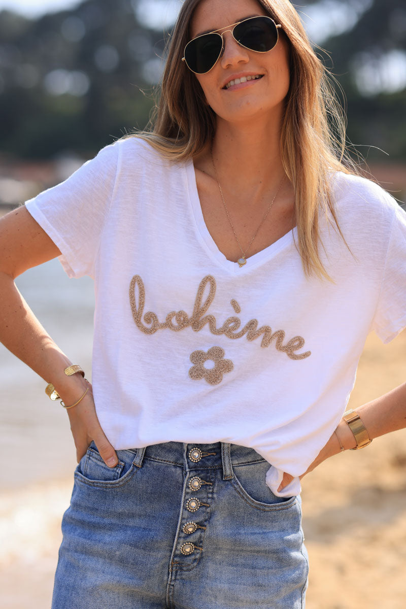White cotton t-shirt with beige "Boheme" and flowers