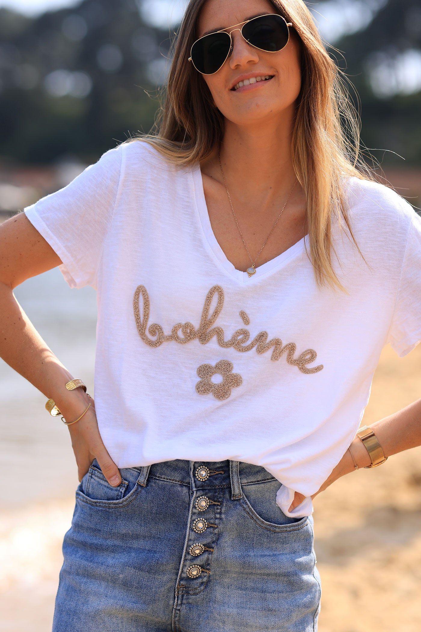 White cotton t-shirt with beige "Boheme" and flowers