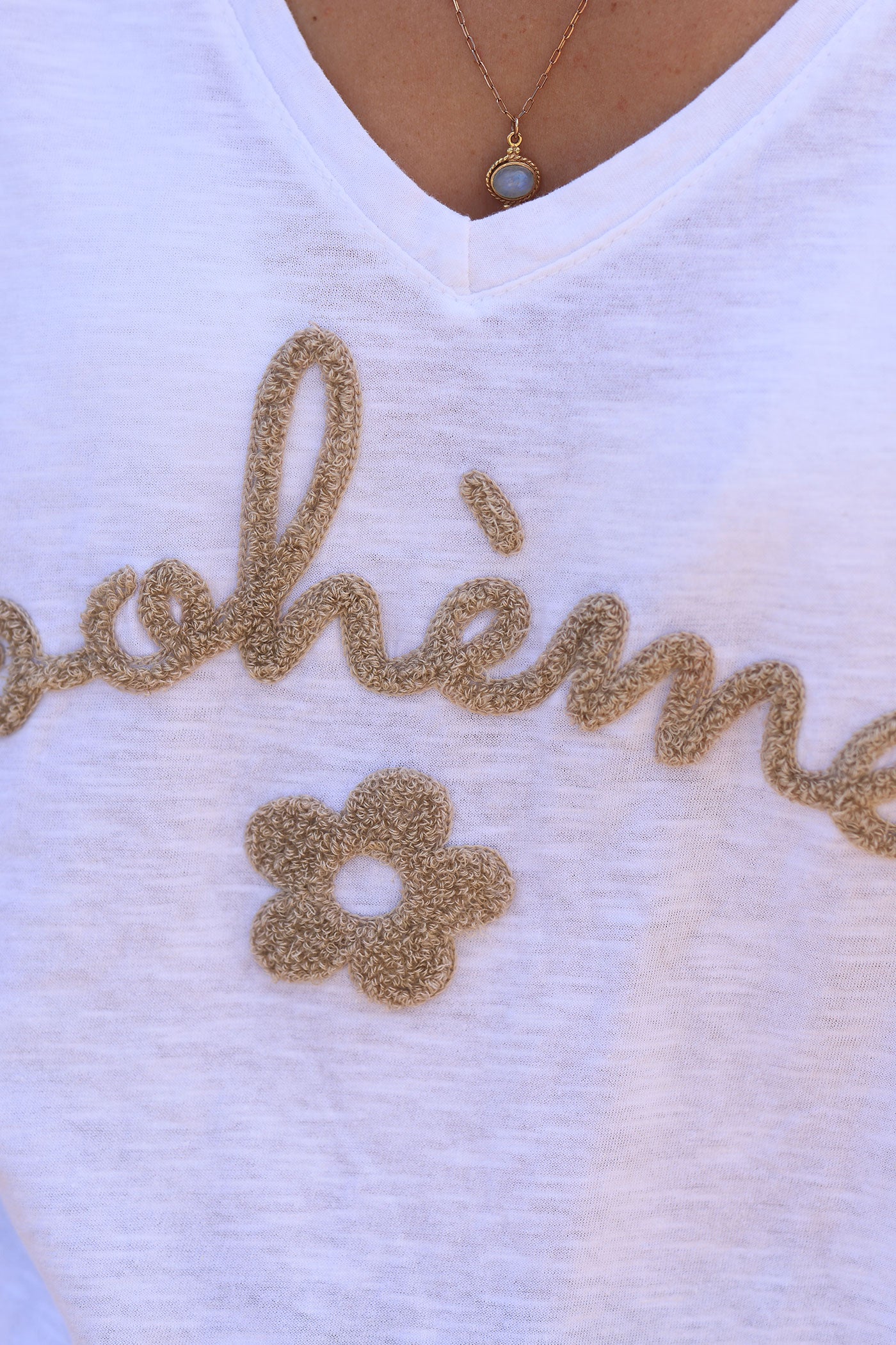 White cotton t-shirt with beige "Boheme" and flowers