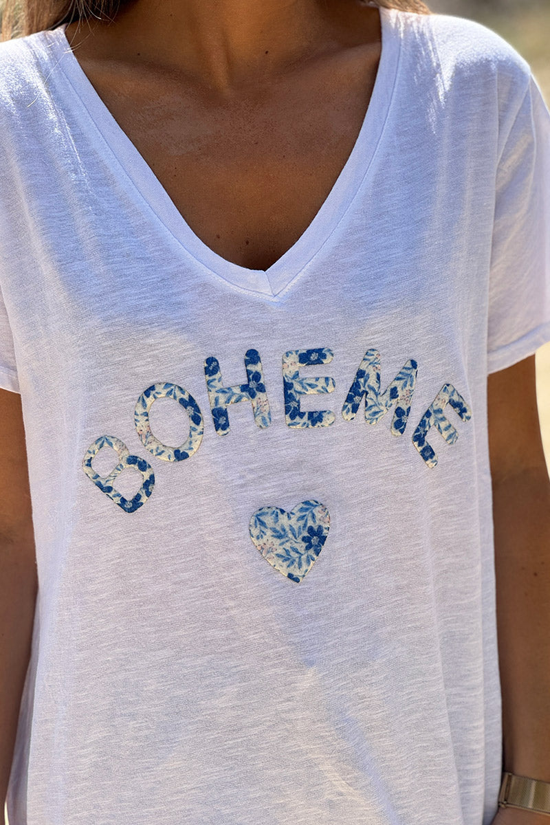 Blue Boho Heart Stretch V-Neck Tshirt