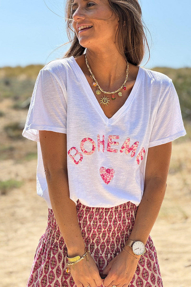 Pink Boho Heart Stretch V-Neck Tee