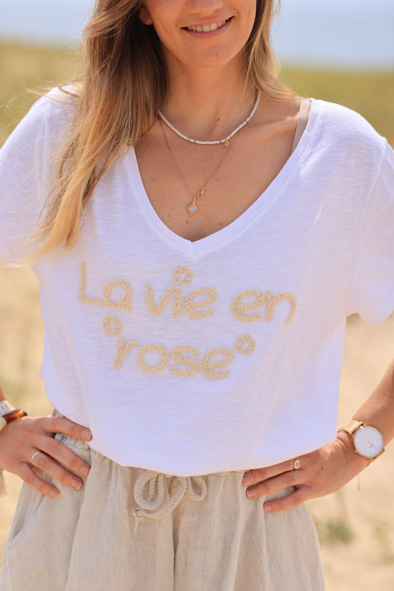 T-shirt blanc en coton col v La vie en rose éponge beige
