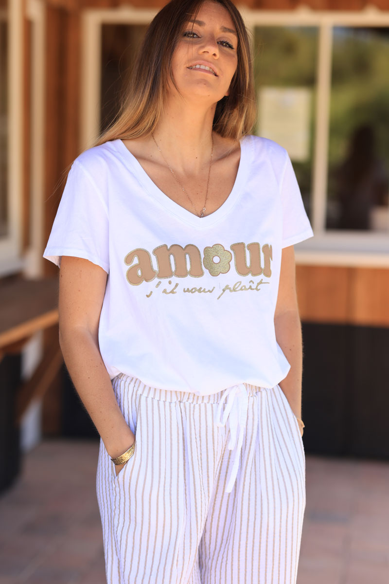 T-shirt blanc en coton col v amour please doré