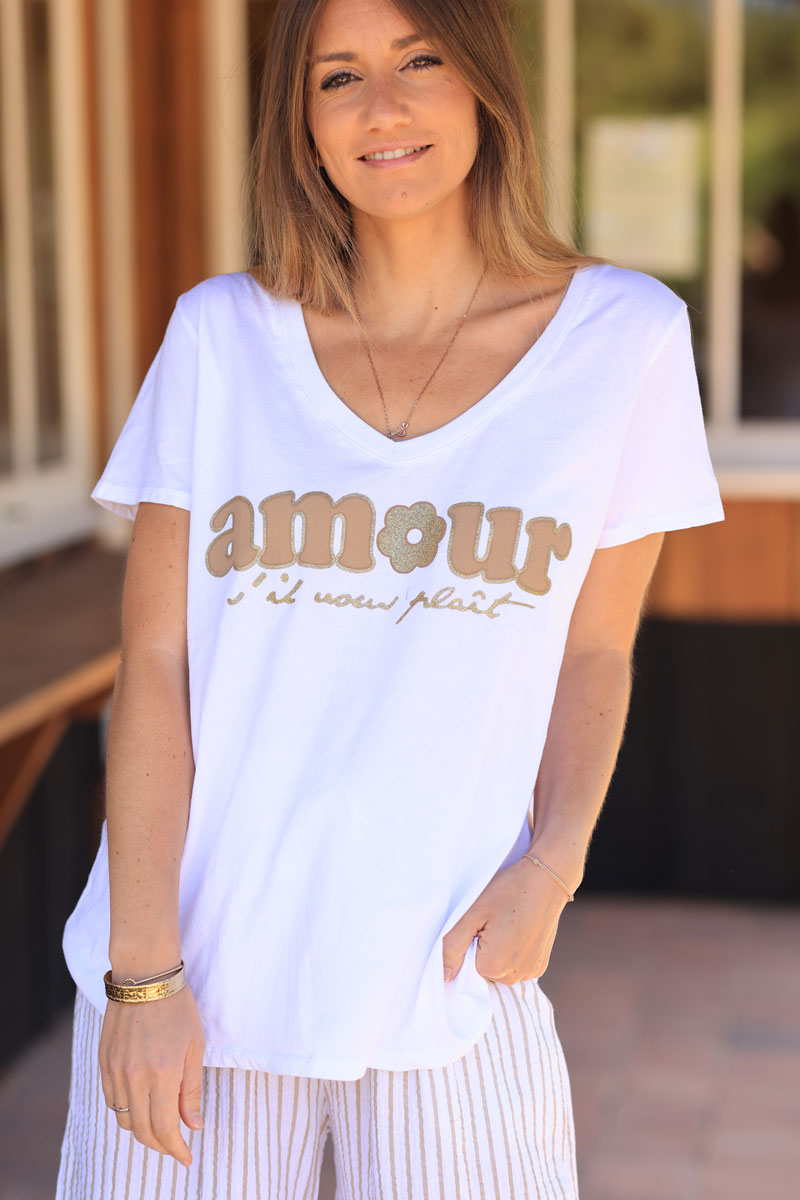 White cotton t-shirt "amour s'il vous plaît" in glitter