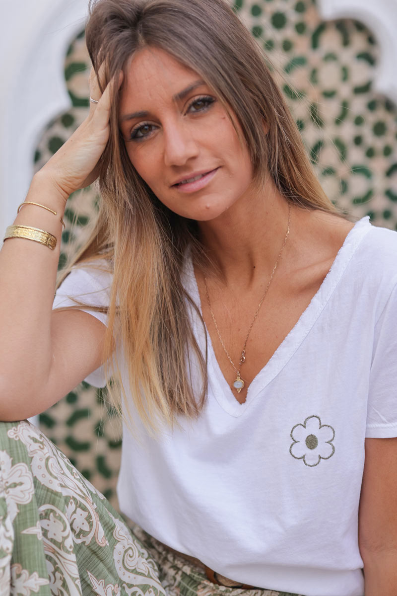 White cotton t-shirt with embroidered daisy detail in khaki
