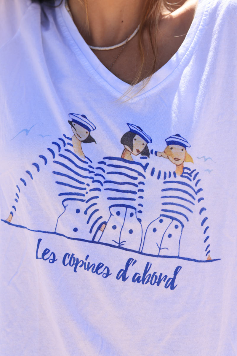 White cotton t-shirt with royal blue sailor 'les copines d'abord' drawing 
