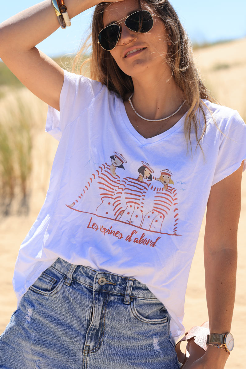 White cotton t-shirt with terracotta sailor 'les copines d'abord' drawing 