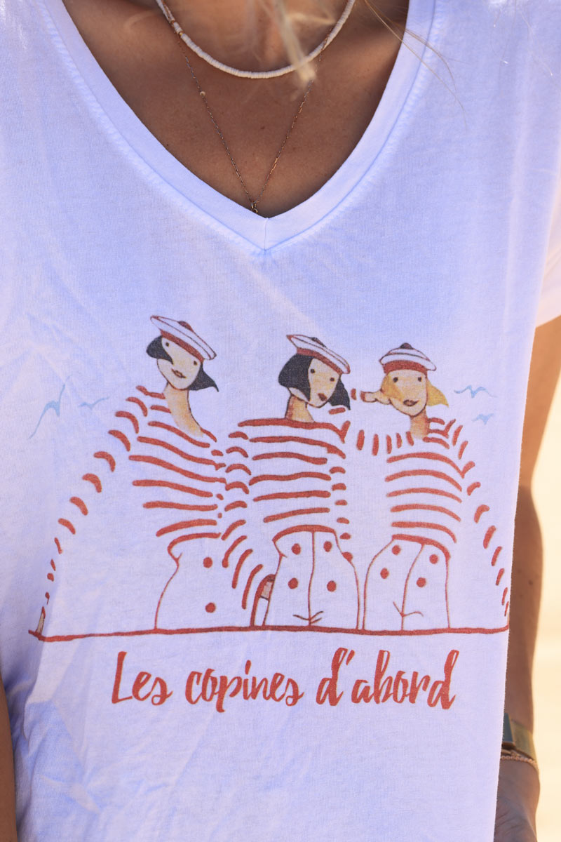 T-shirt blanc en coton col v dessin Copines d'abord marinière terracotta