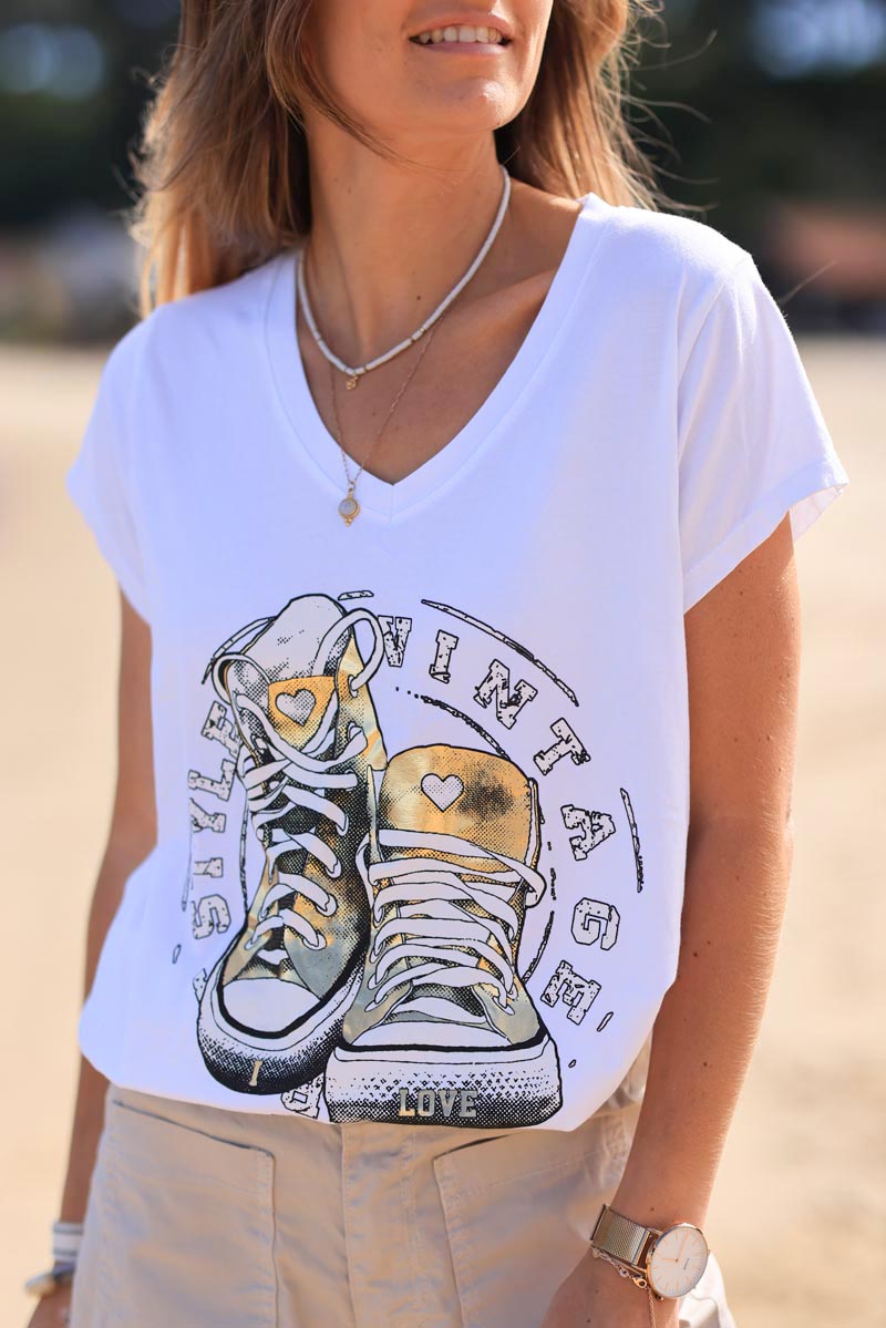White cotton t-shirt with vintage gold sneakers design