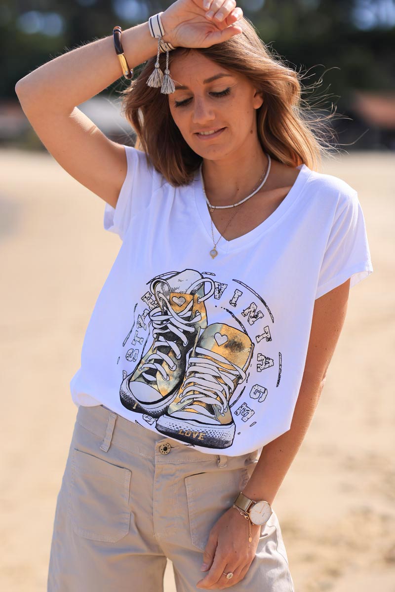 White cotton t-shirt with vintage gold sneakers design