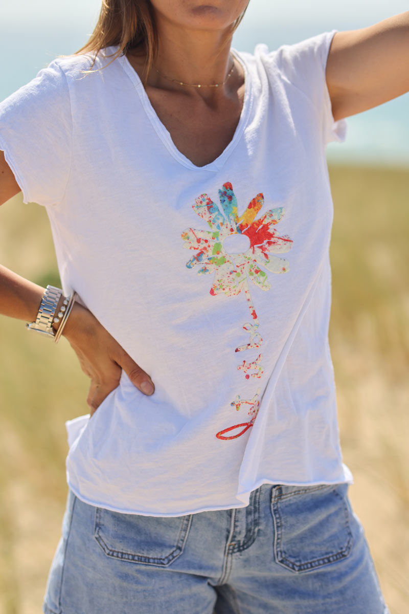 Tshirt blanc en coton col v marguerite Let it be coloré