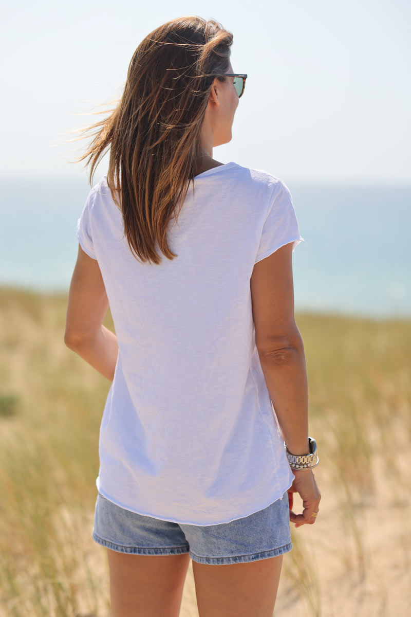 Tshirt blanc en coton col v marguerite Let it be coloré