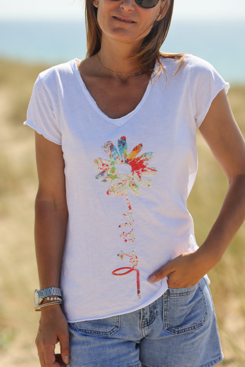Tshirt blanc en coton col v marguerite Let it be coloré