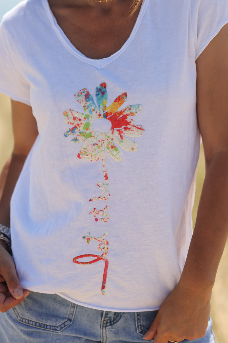 Tshirt blanc en coton col v marguerite Let it be coloré