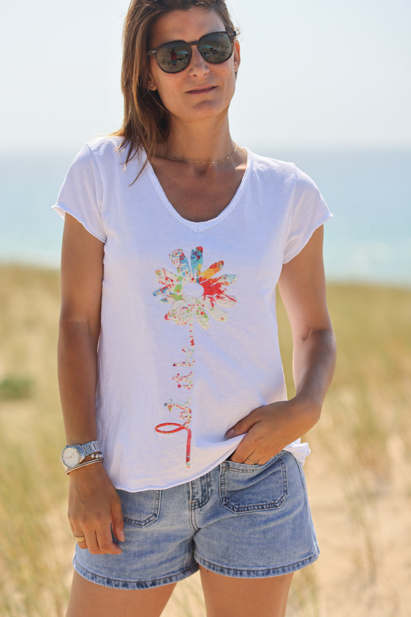 Tshirt blanc en coton col v marguerite Let it be coloré